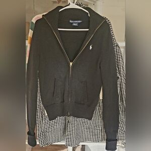 Ralph Lauren Black Zip-Up Polo Cotton Cardigan with Gold Hardware